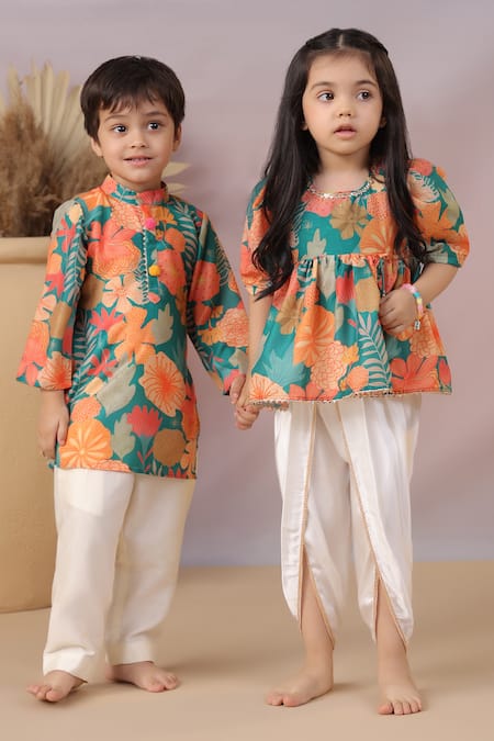 Casa Ninos_Green Muslin, Cotton Embroidery Floral Print Peplum Kurta And Dhoti Pant Set _Online_at_Aza_Fashions