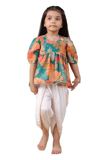 Casa Ninos Green Muslin, Cotton Embroidery Floral Print Peplum Kurta And Dhoti Pant Set at Aza Fashions Casa Ninos_Green Muslin, Cotton Embroidery Floral Print Peplum Kurta And Dhoti Pant Set _at_Aza_Fashions