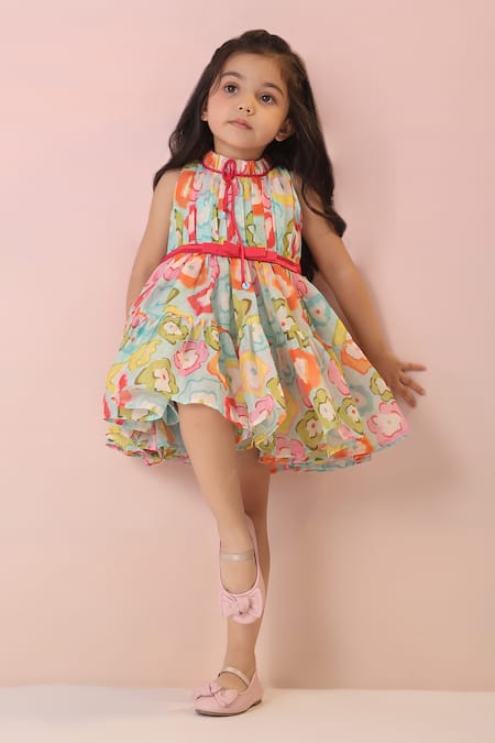 Casa Ninos_Multi Color Chanderi, Satin, Crepe Bows Floral Print Tiered Dress_Online_at_Aza_Fashions