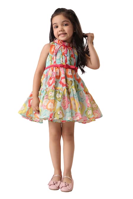 Buy Casa Ninos Multi Color Chanderi, Satin, Crepe Bows Floral Print Tiered Dress Online at Aza Fashions Buy_Casa Ninos_Multi Color Chanderi, Satin, Crepe Bows Floral Print Tiered Dress_Online_at_Aza_Fashions