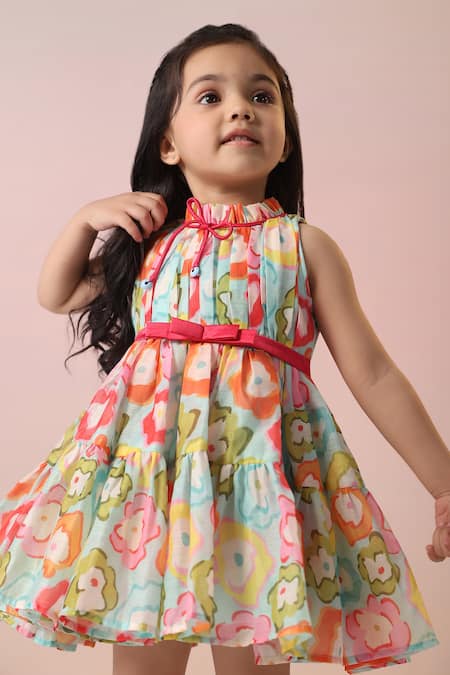 Shop_Casa Ninos_Multi Color Chanderi, Satin, Crepe Bows Floral Print Tiered Dress_Online_at_Aza_Fashions