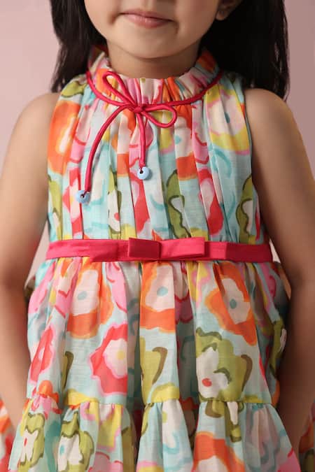 Casa Ninos_Multi Color Chanderi, Satin, Crepe Bows Floral Print Tiered Dress_at_Aza_Fashions