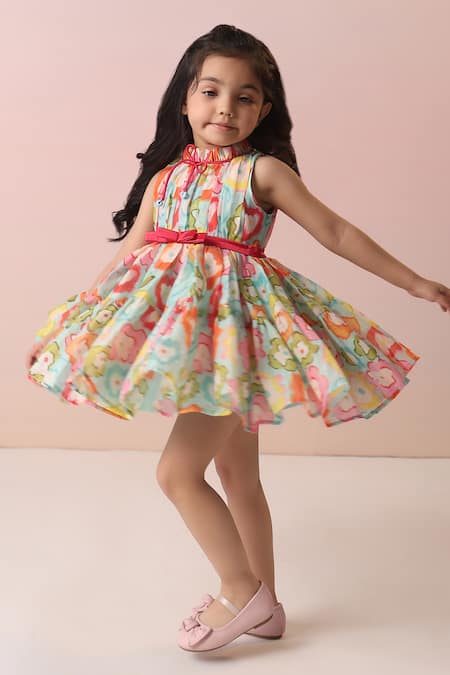 Buy_Casa Ninos_Multi Color Chanderi, Satin, Crepe Bows Floral Print Tiered Dress