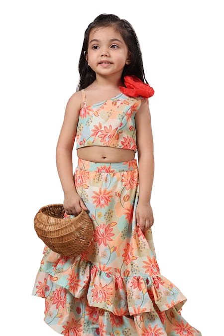 Casa Ninos_Multi Color Organza, Muslin, Crepe Embroidery Floral Print High Low Lehenga Set _Online_at_Aza_Fashions