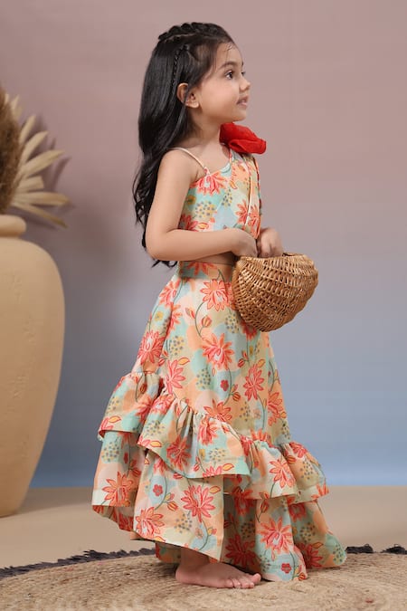 Buy_Casa Ninos_Multi Color Organza, Muslin, Crepe Embroidery Floral Print High Low Lehenga Set _Online_at_Aza_Fashions