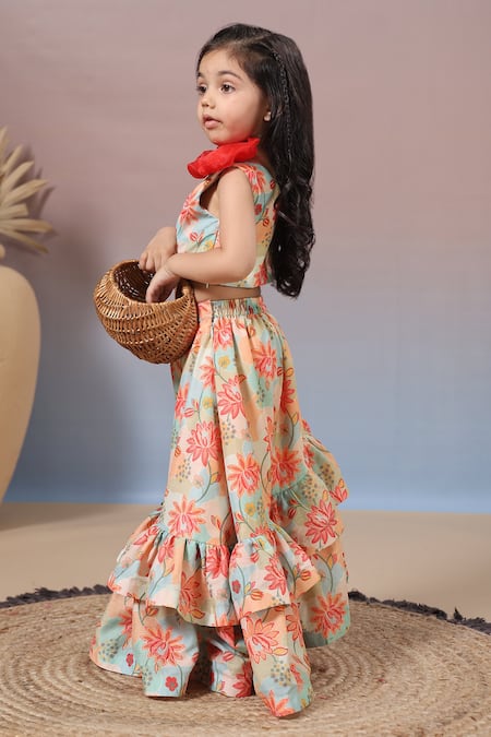 Shop_Casa Ninos_Multi Color Organza, Muslin, Crepe Embroidery Floral Print High Low Lehenga Set _Online_at_Aza_Fashions