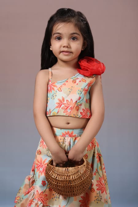 Shop_Casa Ninos_Multi Color Organza, Muslin, Crepe Embroidery Floral Print High Low Lehenga Set 