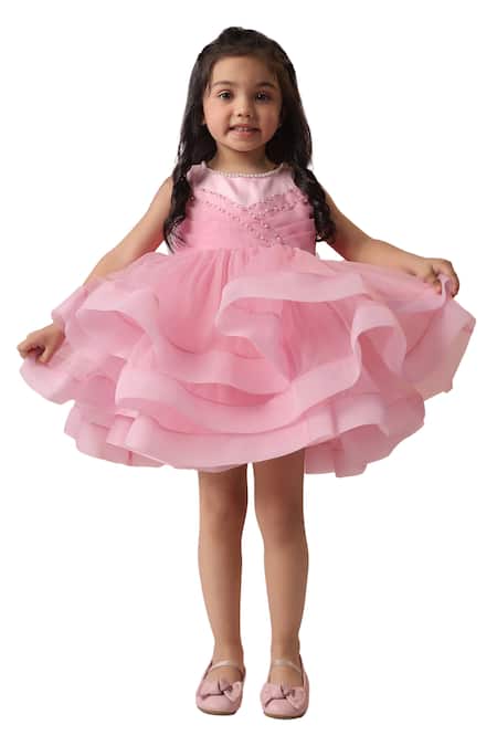 Casa Ninos Pink Organza, Crepe Pearls Layered Embroidered Dress Online at Aza Fashions Casa Ninos_Pink Organza, Crepe Pearls Layered Embroidered Dress _Online_at_Aza_Fashions