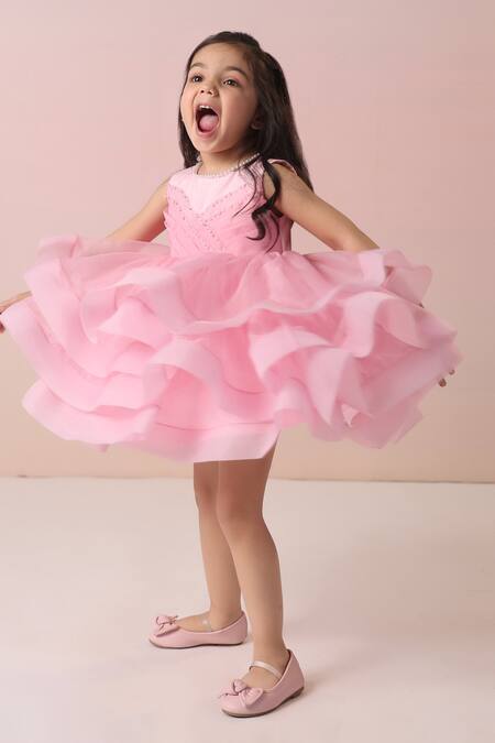Casa Ninos_Pink Organza, Crepe Pearls Layered Embroidered Dress _at_Aza_Fashions