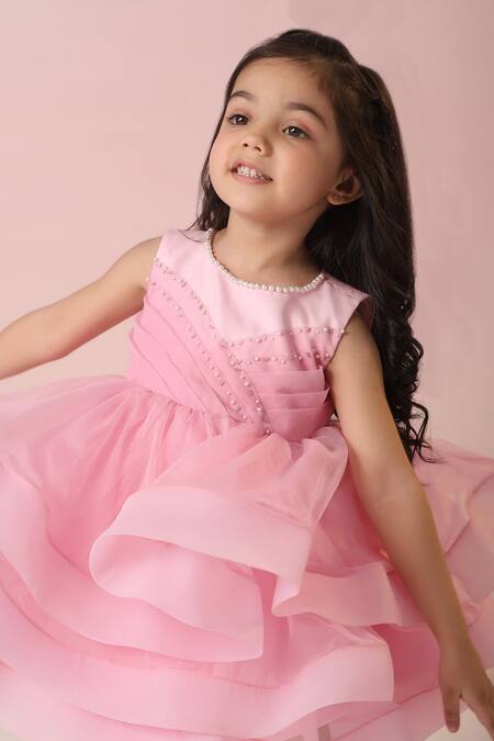 Buy_Casa Ninos_Pink Organza, Crepe Pearls Layered Embroidered Dress 