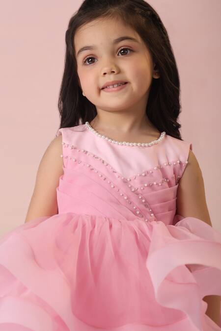 Shop_Casa Ninos_Pink Organza, Crepe Pearls Layered Embroidered Dress 