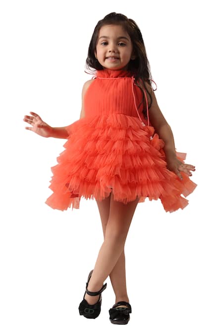Casa Ninos_Peach Net, Crepe Ruffled Pintucked Yoke Dress _at_Aza_Fashions