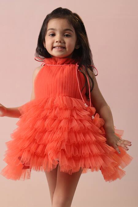 Buy_Casa Ninos_Peach Net, Crepe Ruffled Pintucked Yoke Dress 