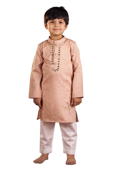 Vivedkids Peach Cotton Satin Embroidery Bird Mirror Kurta With Pyjama Online at Aza Fashions Vivedkids_Peach Cotton Satin Embroidery Bird Mirror Kurta With Pyjama _Online_at_Aza_Fashions
