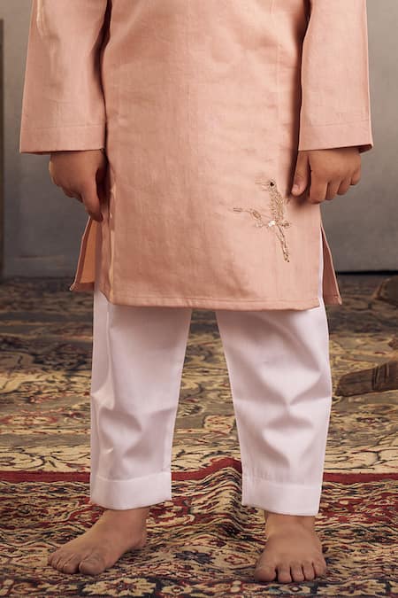 Buy Vivedkids Peach Cotton Satin Embroidery Bird Mirror Kurta With Pyjama Online at Aza Fashions Buy_Vivedkids_Peach Cotton Satin Embroidery Bird Mirror Kurta With Pyjama _Online_at_Aza_Fashions
