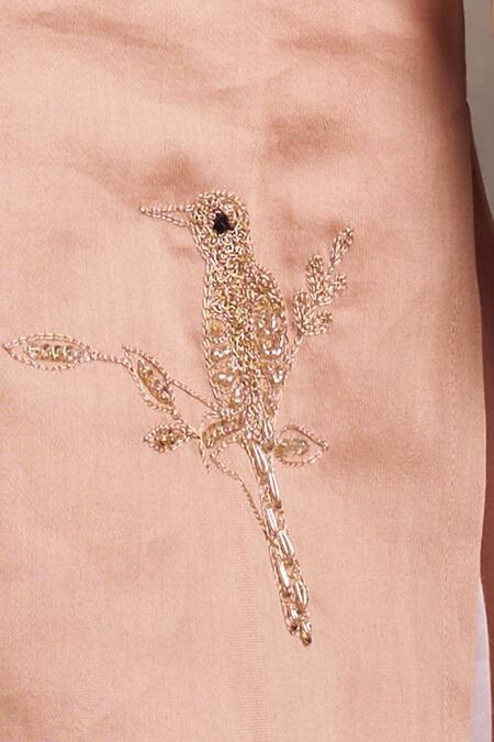 Vivedkids Peach Cotton Satin Embroidery Bird Mirror Kurta With Pyjama at Aza Fashions Vivedkids_Peach Cotton Satin Embroidery Bird Mirror Kurta With Pyjama _at_Aza_Fashions