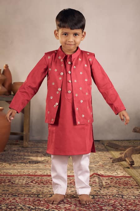 Shop_Vivedkids_Red Cotton Satin Sequins, Embroidery Bundi Kurta Set _at_Aza_Fashions