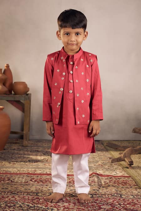 Vivedkids_Red Cotton Satin Sequins, Embroidery Bundi Kurta Set _Online_at_Aza_Fashions