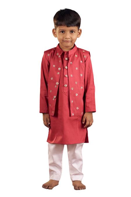 Buy_Vivedkids_Red Cotton Satin Sequins, Embroidery Bundi Kurta Set _Online_at_Aza_Fashions