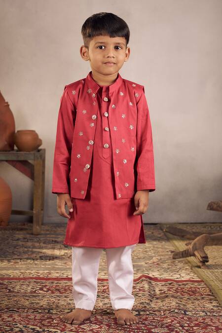 Shop_Vivedkids_Red Cotton Satin Sequins, Embroidery Bundi Kurta Set _Online_at_Aza_Fashions