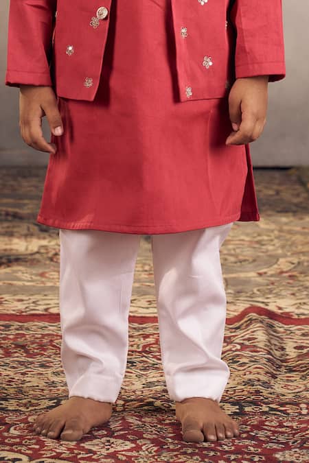 Vivedkids_Red Cotton Satin Sequins, Embroidery Bundi Kurta Set _at_Aza_Fashions