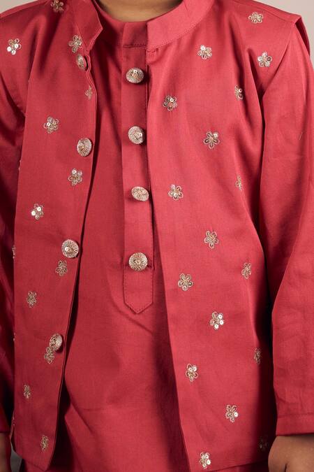 Buy_Vivedkids_Red Cotton Satin Sequins, Embroidery Bundi Kurta Set 