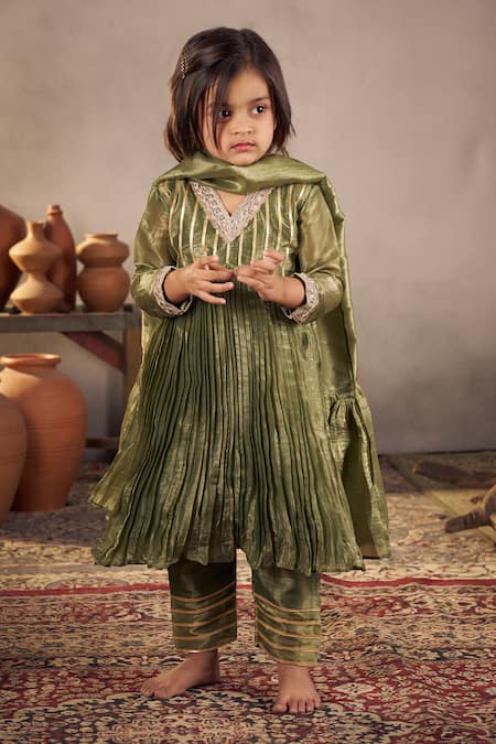 Vivedkids Green Tissue, Crepe Gota Patti Embellished Accordion Pleated Anarkali Set Online at Aza Fashions Vivedkids_Green Tissue, Crepe Gota Patti Embellished Accordion Pleated Anarkali Set _Online_at_Aza_Fashions