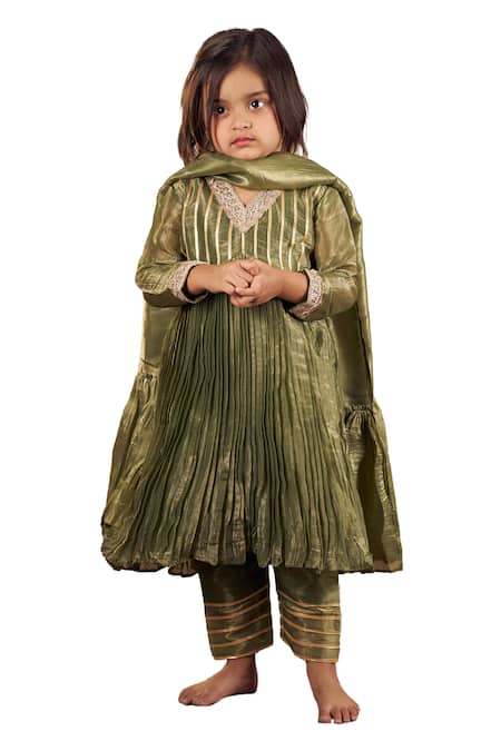 Buy Vivedkids Green Tissue, Crepe Gota Patti Embellished Accordion Pleated Anarkali Set Buy_Vivedkids_Green Tissue, Crepe Gota Patti Embellished Accordion Pleated Anarkali Set
