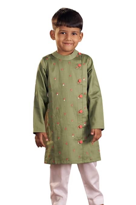 Shop_Vivedkids_Green Satin, Sequins, Embroidery Bullian Leaf Kurta Set _Online_at_Aza_Fashions