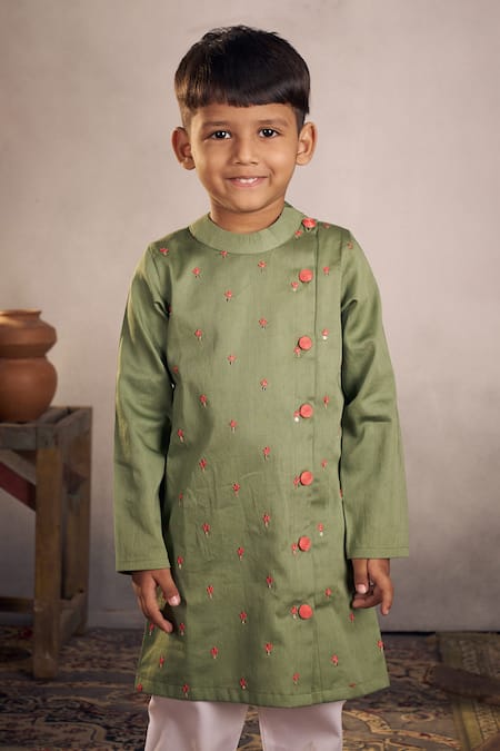 Buy_Vivedkids_Green Satin, Sequins, Embroidery Bullian Leaf Kurta Set 
