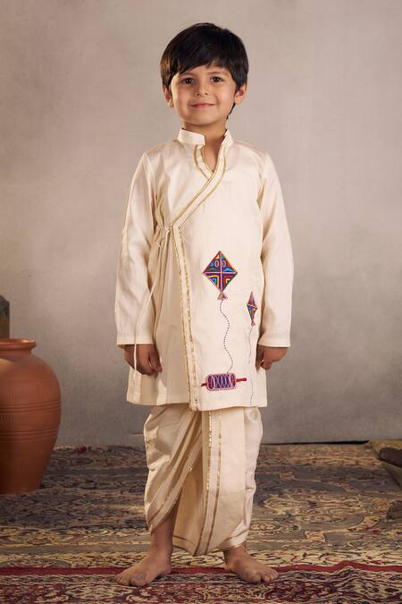 Shop Vivedkids Off White Cotton Applique, Gota Kite Embroidered Angarkha Kurta With Dhoti at Aza Fashions Shop_Vivedkids_Off White Cotton Applique, Gota Kite Embroidered Angarkha Kurta With Dhoti _at_Aza_Fashions