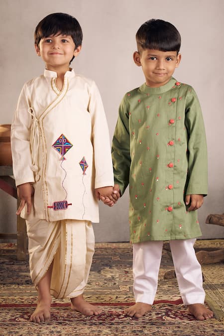 Vivedkids Off White Cotton Applique, Gota Kite Embroidered Angarkha Kurta With Dhoti Online at Aza Fashions Vivedkids_Off White Cotton Applique, Gota Kite Embroidered Angarkha Kurta With Dhoti _Online_at_Aza_Fashions