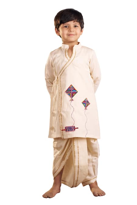 Buy Vivedkids Off White Cotton Applique, Gota Kite Embroidered Angarkha Kurta With Dhoti Online at Aza Fashions Buy_Vivedkids_Off White Cotton Applique, Gota Kite Embroidered Angarkha Kurta With Dhoti _Online_at_Aza_Fashions