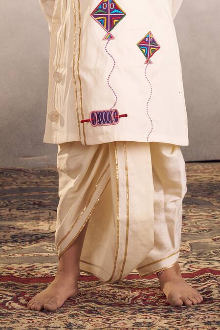 Shop Vivedkids Off White Cotton Applique, Gota Kite Embroidered Angarkha Kurta With Dhoti Online at Aza Fashions Shop_Vivedkids_Off White Cotton Applique, Gota Kite Embroidered Angarkha Kurta With Dhoti _Online_at_Aza_Fashions