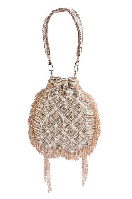 Shop Kavanah Gold Crystals, Cut Work, Tulip Hand Embroidered Potli With Detachable at Aza Fashions Shop_Kavanah_Gold Crystals, Cut Work, Tulip Hand Embroidered Potli With Detachable_at_Aza_Fashions