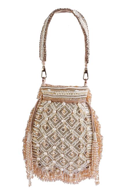 Kavanah Gold Crystals, Cut Work, Tulip Hand Embroidered Potli With Detachable Online at Aza Fashions Kavanah_Gold Crystals, Cut Work, Tulip Hand Embroidered Potli With Detachable_Online_at_Aza_Fashions