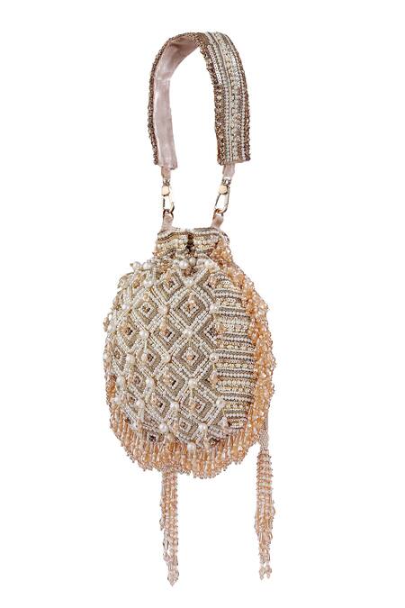 Buy Kavanah Gold Crystals, Cut Work, Tulip Hand Embroidered Potli With Detachable Online at Aza Fashions Buy_Kavanah_Gold Crystals, Cut Work, Tulip Hand Embroidered Potli With Detachable_Online_at_Aza_Fashions