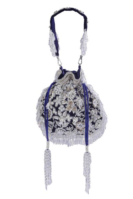 Kavanah_Blue Embroidery, Crystals, Beads, Daisy Hand Potli With Detachable_Online_at_Aza_Fashions