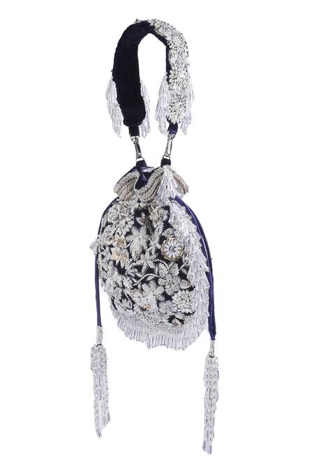 Buy_Kavanah_Blue Embroidery, Crystals, Beads, Daisy Hand Potli With Detachable_Online_at_Aza_Fashions