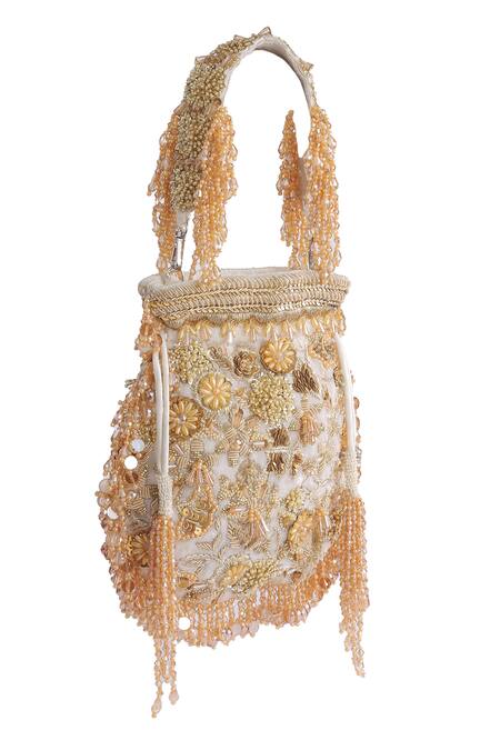 Kavanah_White Crystals, Beads, Diamonds Daisy Hand Work Potli With Detachable_Online_at_Aza_Fashions