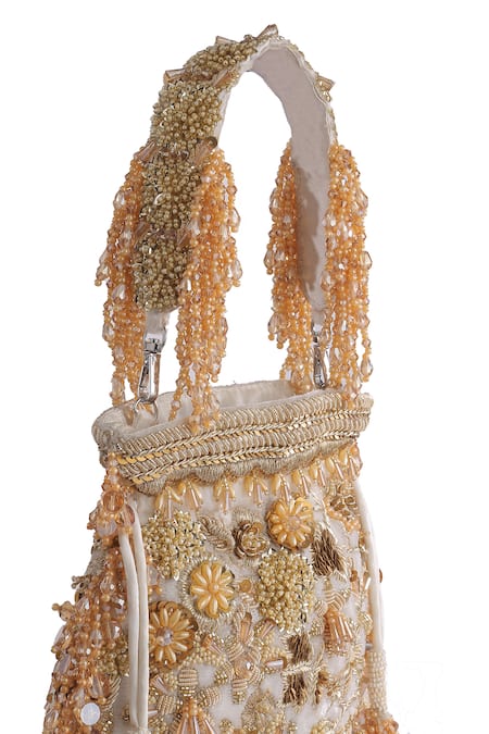Shop_Kavanah_White Crystals, Beads, Diamonds Daisy Hand Work Potli With Detachable_Online_at_Aza_Fashions