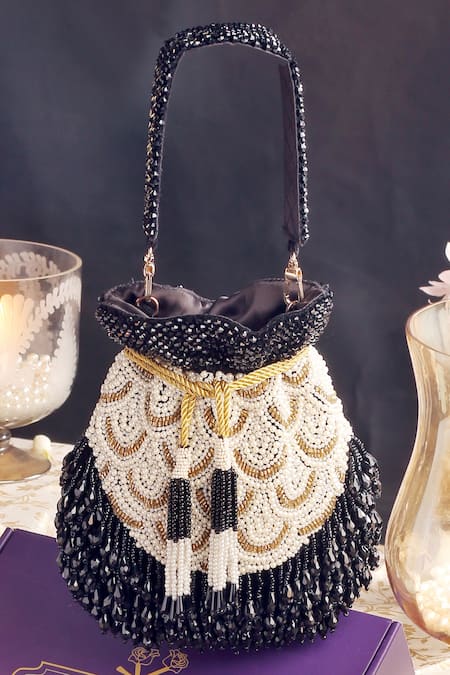 KAVANAH Black Pearls Jasmine Hand Embroidered Potli With Detachable 