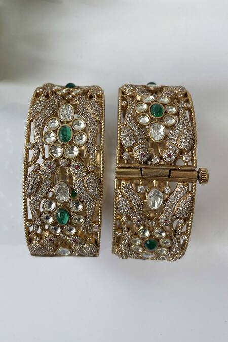 Shop_Studio6 Jewels_Green Zari, Diamonds Embellished Bangles - Set Of 2_at_Aza_Fashions