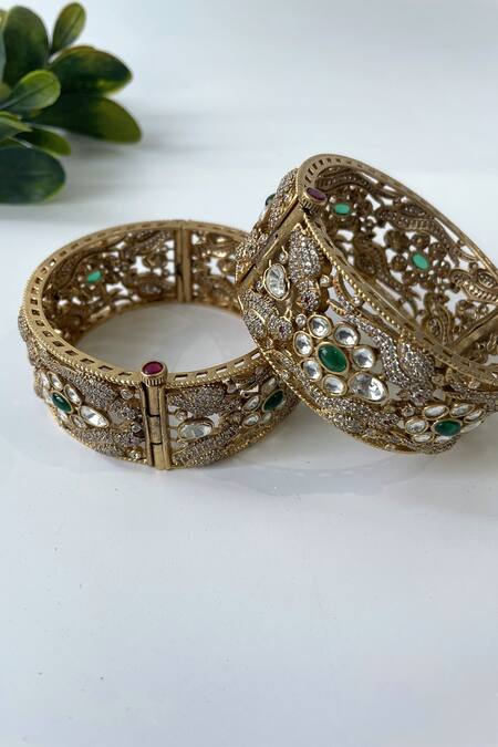 Studio6 Jewels_Green Zari, Diamonds Embellished Bangles - Set Of 2_Online_at_Aza_Fashions