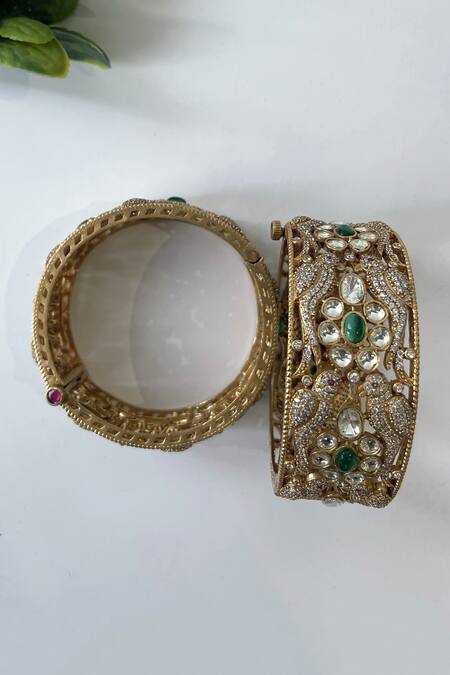 Buy_Studio6 Jewels_Green Zari, Diamonds Embellished Bangles - Set Of 2_Online_at_Aza_Fashions