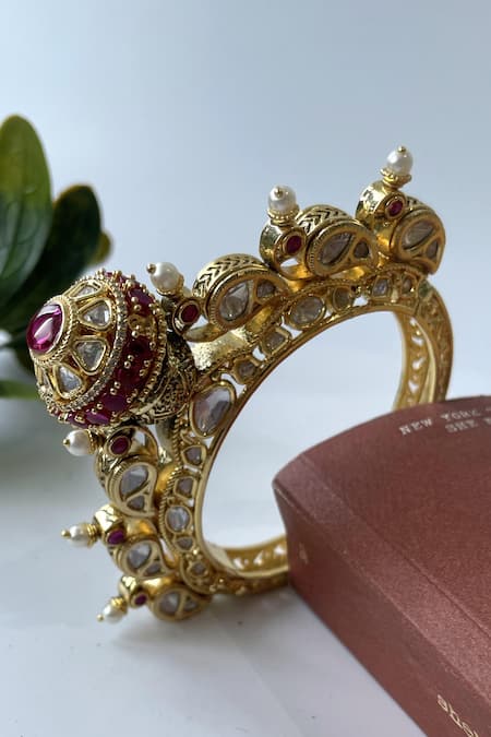 Shop_Studio6 Jewels_Pink Pearls, Gota Patti Embellished Bangle _at_Aza_Fashions