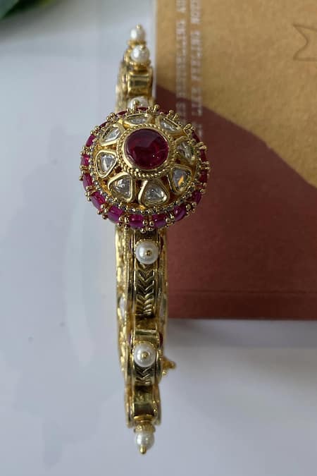 Studio6 Jewels_Pink Pearls, Gota Patti Embellished Bangle _Online_at_Aza_Fashions