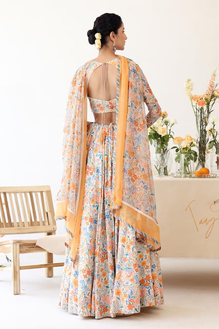 Shop_Baise Gaba_Off White Chiffon, Mohair Beads, Lace Asymmetric Sunlit Floral Print Lehenga Set _at_Aza_Fashions