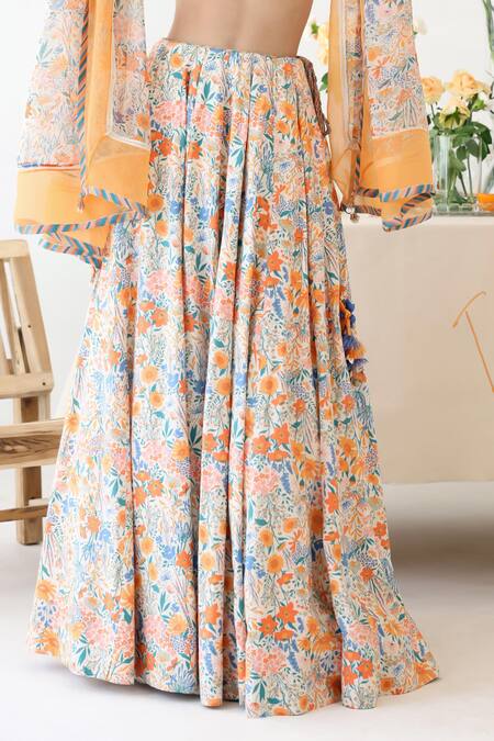 Baise Gaba Off White Chiffon, Mohair Beads, Lace Asymmetric Sunlit Floral Print Lehenga Set Online at Aza Fashions Baise Gaba_Off White Chiffon, Mohair Beads, Lace Asymmetric Sunlit Floral Print Lehenga Set _Online_at_Aza_Fashions