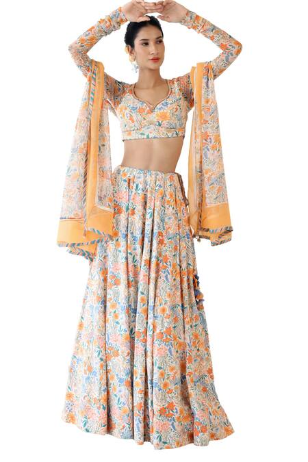 Buy Baise Gaba Off White Chiffon, Mohair Beads, Lace Asymmetric Sunlit Floral Print Lehenga Set Online at Aza Fashions Buy_Baise Gaba_Off White Chiffon, Mohair Beads, Lace Asymmetric Sunlit Floral Print Lehenga Set _Online_at_Aza_Fashions